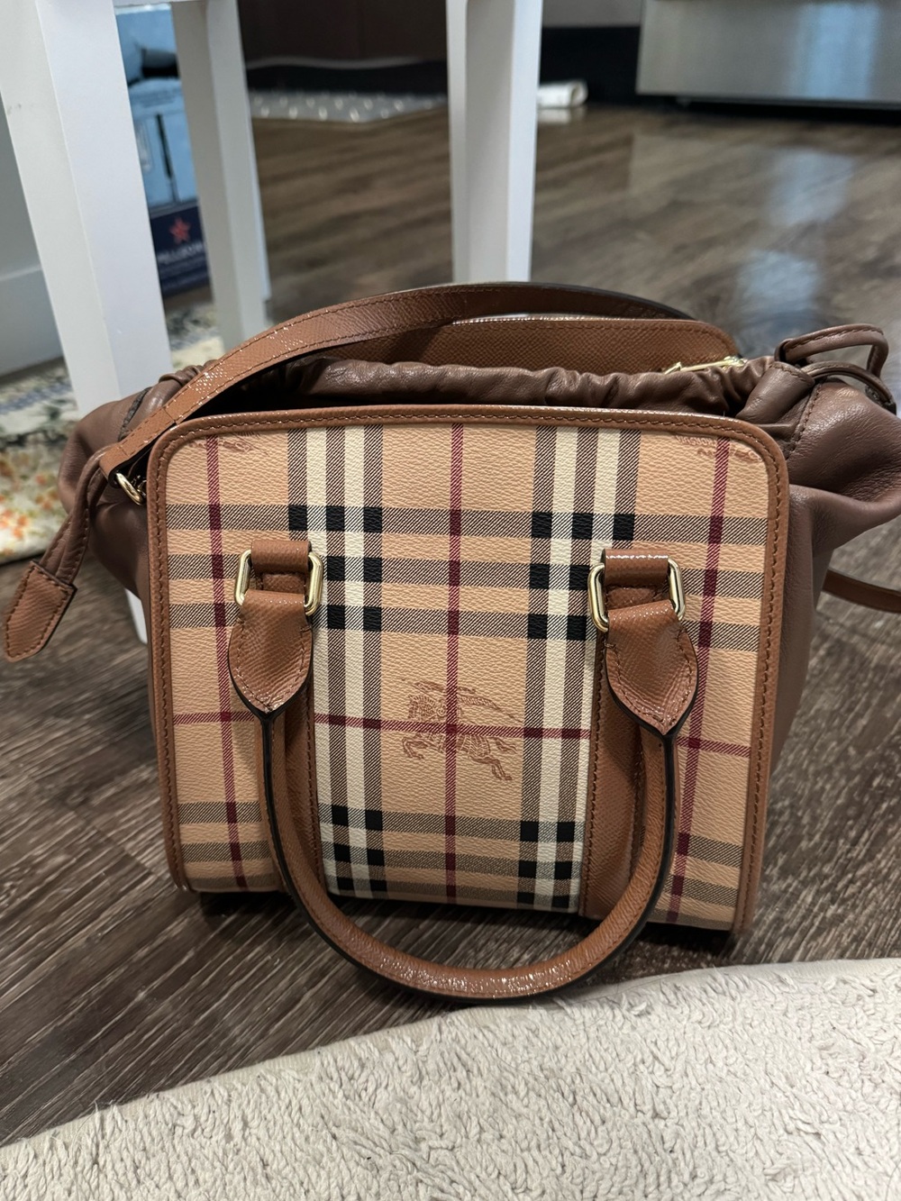 Burberry Haymarket Check Dinton Bag - Tan and Brown leather tote